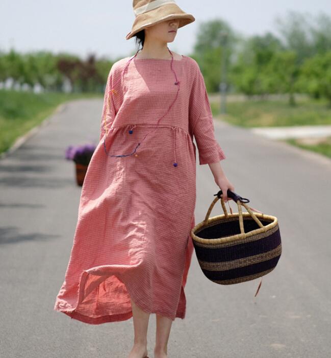 Pink Plaid Linen Long Sleeve Dress Loose Women Dress SJP9201229 VPPBUY shop