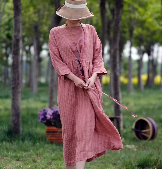 Pink Plaid Linen loose Summer Dress Maxi Women Dress XMLP9201229 VPPBUY shop