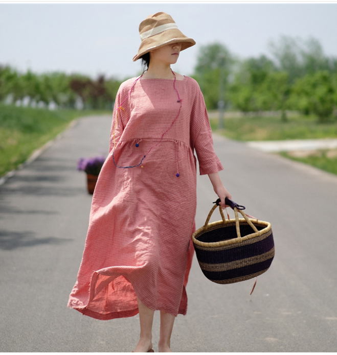 Pink Plaid Linen loose Summer Dress Maxi Women Dress XMLP9201229 VPPBUY shop