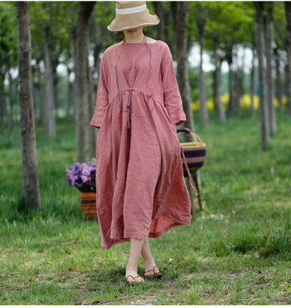 Pink Plaid Linen loose Summer Dress Maxi Women Dress XMLP9201229 VPPBUY shop