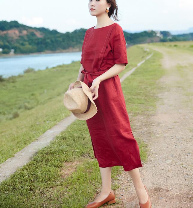 Slit Red Linen Women Dress O Neck Half Sleeve Women Linen Dresses S90921 VPPBUY shop