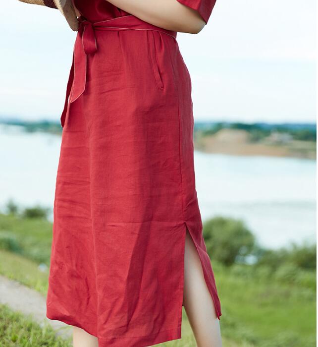 Slit Red Linen Women Dress O Neck Half Sleeve Women Linen Dresses S90921 VPPBUY shop