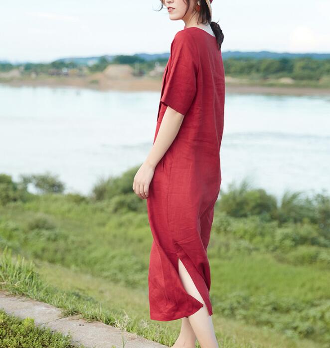 Slit Red Linen Women Dress O Neck Half Sleeve Women Linen Dresses S90921 VPPBUY shop