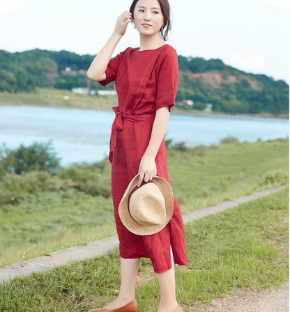 Slit Red Linen Women Dress O Neck Half Sleeve Women Linen Dresses S90921 VPPBUY shop