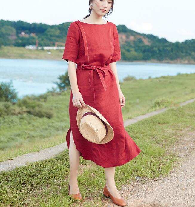 Slit Red Linen Women Dress O Neck Half Sleeve Women Linen Dresses S90921 VPPBUY shop