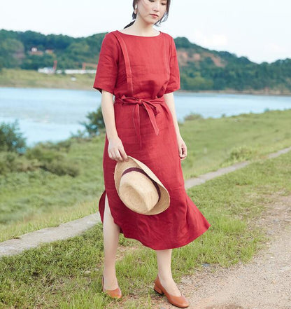 Slit Red Linen Women Dress O Neck Half Sleeve Women Linen Dresses S90921 VPPBUY shop