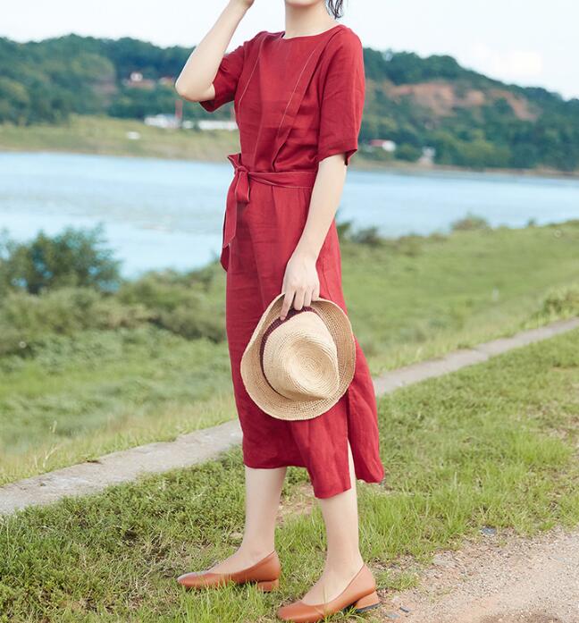 Slit Red Linen Women Dress O Neck Half Sleeve Women Linen Dresses S90921 VPPBUY shop