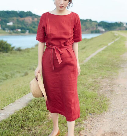 Slit Red Linen Women Dress O Neck Half Sleeve Women Linen Dresses S90921 VPPBUY shop