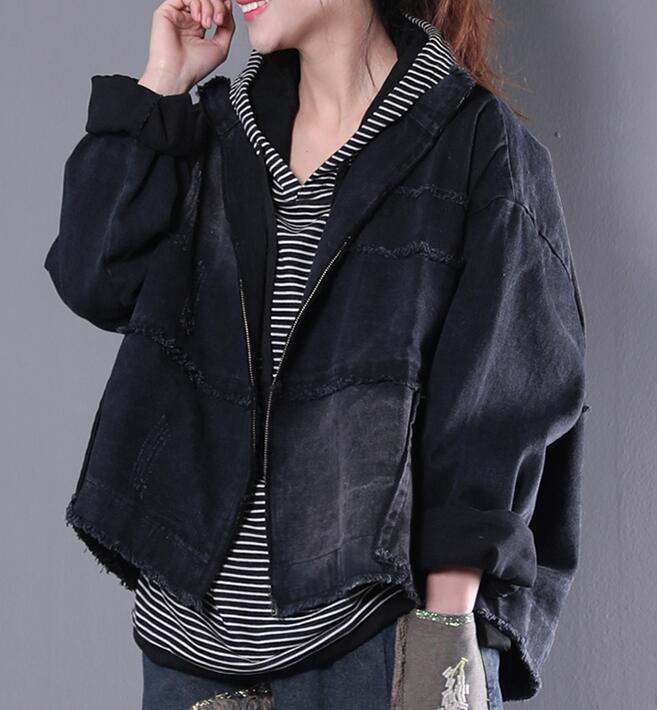 Washed Denim Women Spring Casual Coat Loose Hooded Parka Plus Size Short Coat Jacket VPPBUY shop