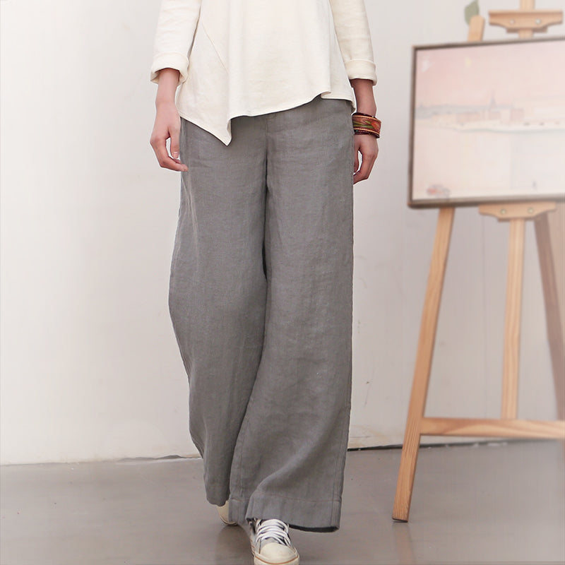 Gray Women Casual Wide Leg Linen Pants BZ981107 VPPBUY shop