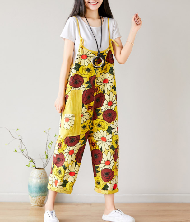 Yellow Floral Loose Denim Casual Spring Denim Overall Women Jumpsuits QY18 VPPBUY shop