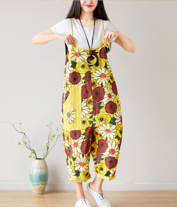 Yellow Floral Loose Denim Casual Spring Denim Overall Women Jumpsuits QY18 VPPBUY shop