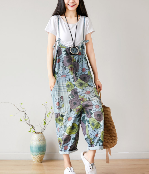 Yellow Floral Loose Denim Casual Spring Denim Overall Women Jumpsuits QY18 VPPBUY shop