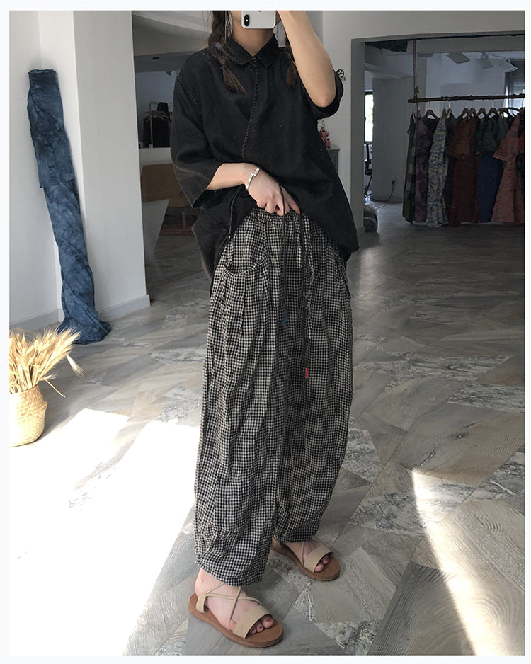 Plaid Linen Summer Wide Leg Pants Autumn Women Casual Pants PZ97261 VPPBUY shop