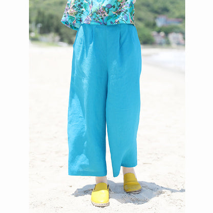 Blue Linen Summer Autumn Women Casual Pants with Pockets SMM97226 VPPBUY shop