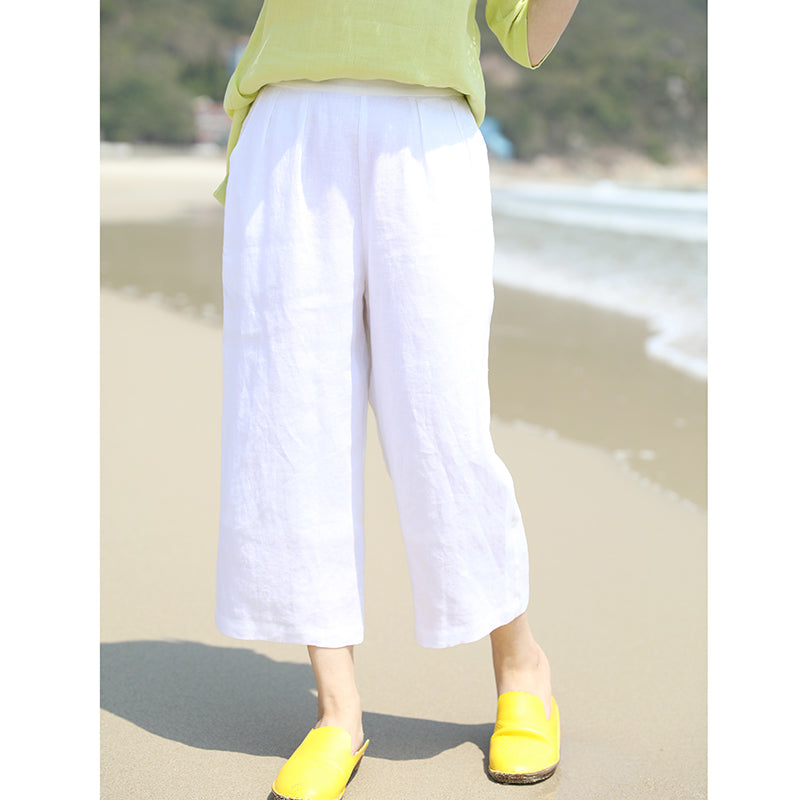 White Linen Summer Autumn Women Casual Pants with Pockets SMM97232 VPPBUY shop