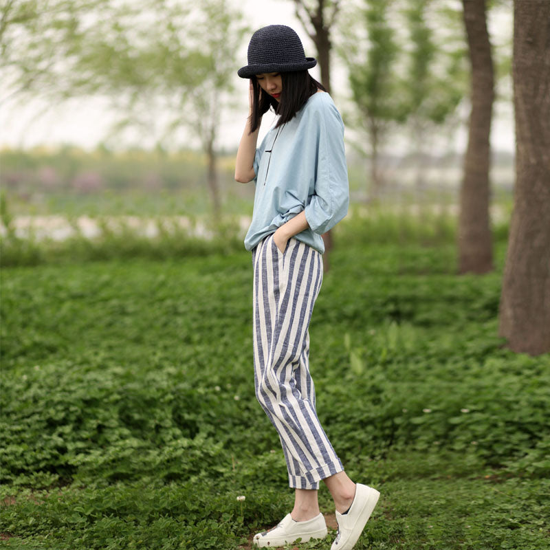 Stripe Summer Linen Summer  Women Casual Pants with Pockets SXM97244 VPPBUY shop