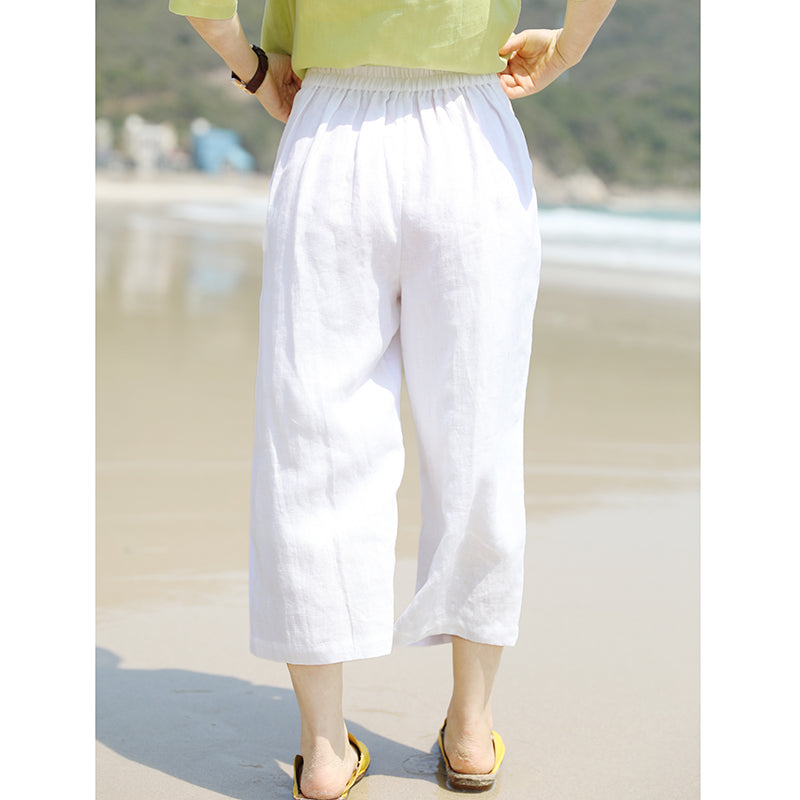 White Linen Summer Autumn Women Casual Pants with Pockets SMM97232 VPPBUY shop