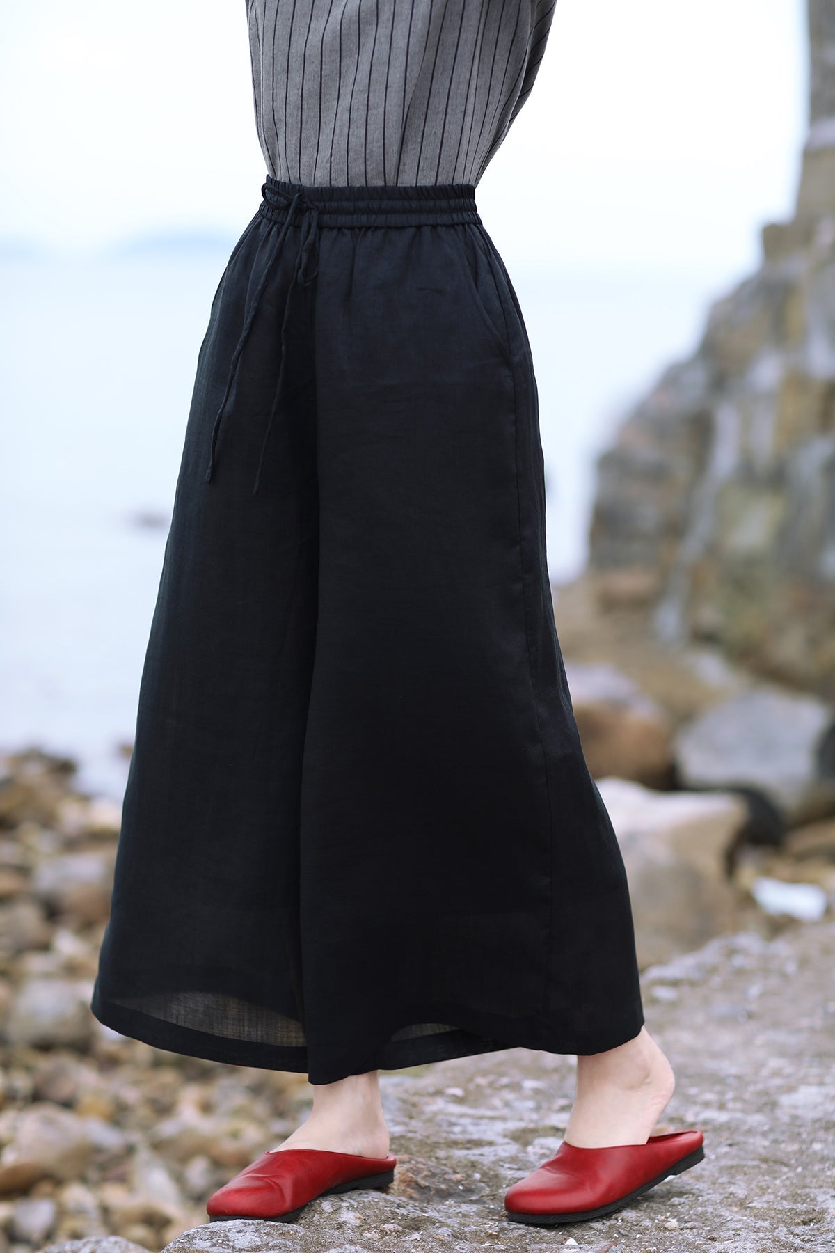 Black Linen Summer Autumn Women Casual Pants with Pockets SMM97202 VPPBUY shop