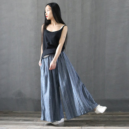 Stripe Linen Summer Autumn Wide Leg Pants  Women Casual Pants with Pockets PZ97256 VPPBUY shop