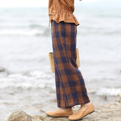 Plaid Linen Summer Wide  Leg Pants Autumn Women Casual Pants SMM97239 VPPBUY shop