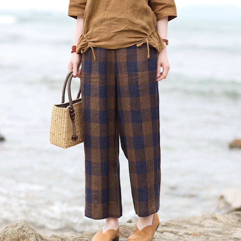 Plaid Linen Summer Wide  Leg Pants Autumn Women Casual Pants SMM97239 VPPBUY shop