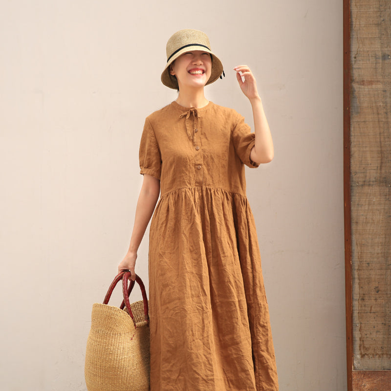 Puff Sleeve Tied Collar Linen Bridemaid Dress Linen Casual Summer Maxi Women Party Dresses Z97294 VPPBUY shop