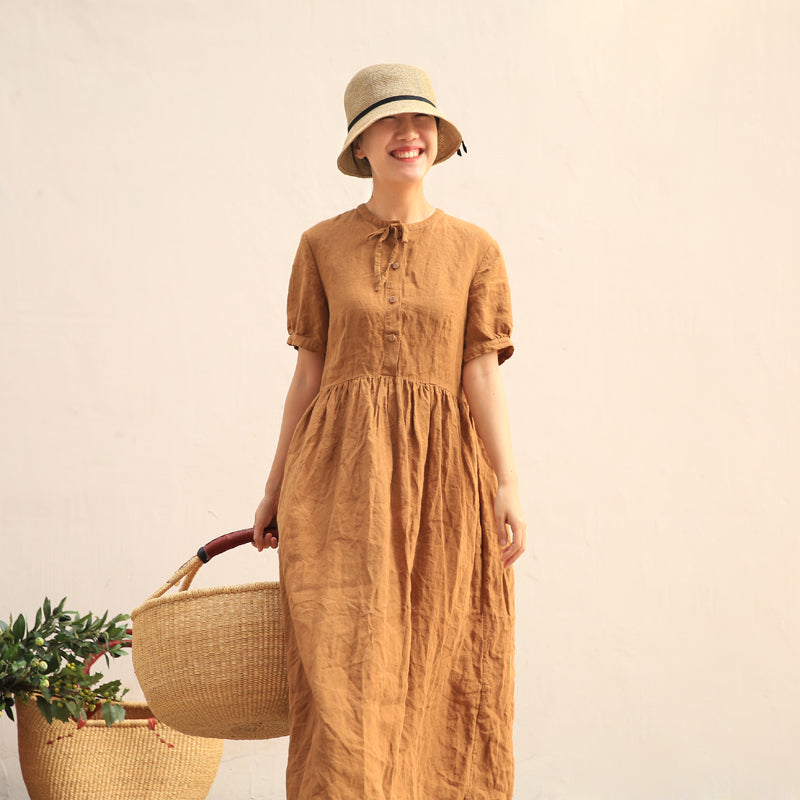 Puff Sleeve Tied Collar Linen Bridemaid Dress Linen Casual Summer Maxi Women Party Dresses Z97294 VPPBUY shop