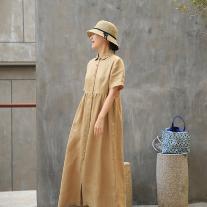 Khaki Linen Casual Summer Dresses Buttons Shirt Dress Maxi Women Dresses Z972911 VPPBUY shop