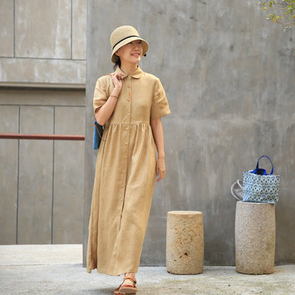 Khaki Linen Casual Summer Dresses Buttons Shirt Dress Maxi Women Dresses Z972911 VPPBUY shop