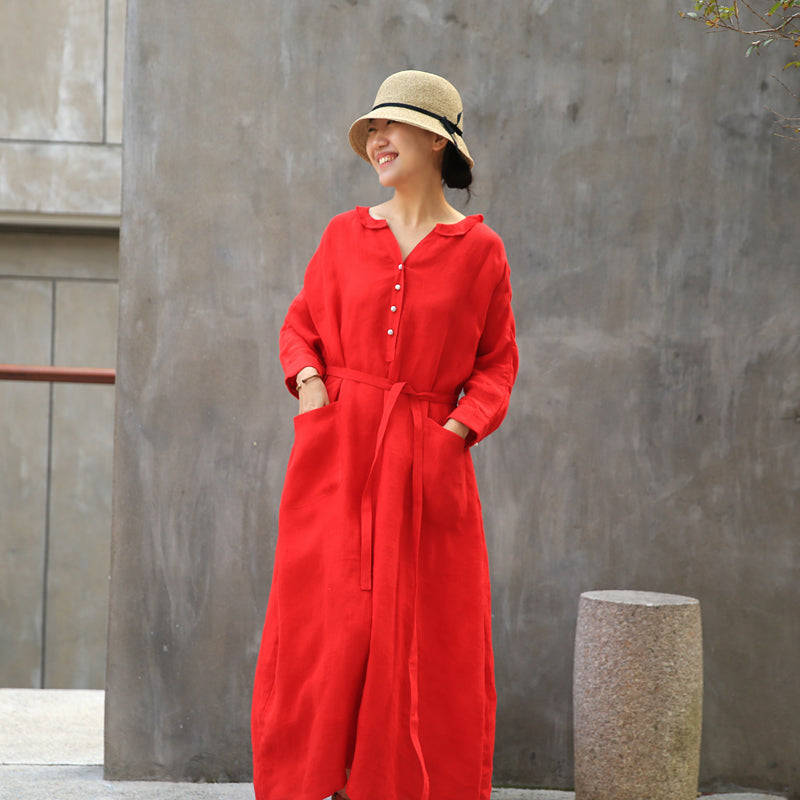 Label Collar Red Women Linen Summer Dresses Buttons Sleeve Long Women Dresses Z972912 VPPBUY shop