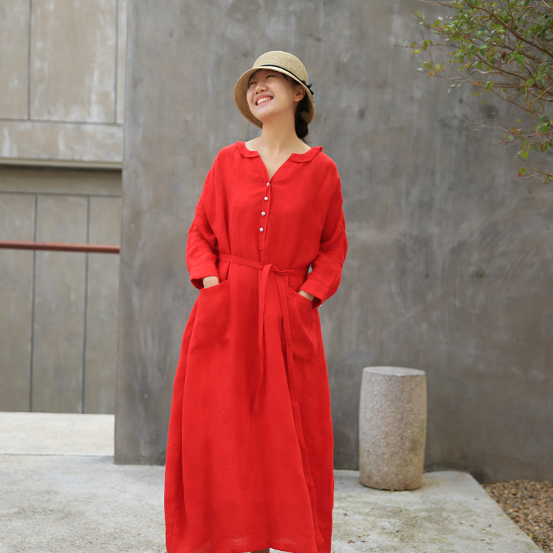 Label Collar Red Women Linen Summer Dresses Buttons Sleeve Long Women Dresses Z972912 VPPBUY shop