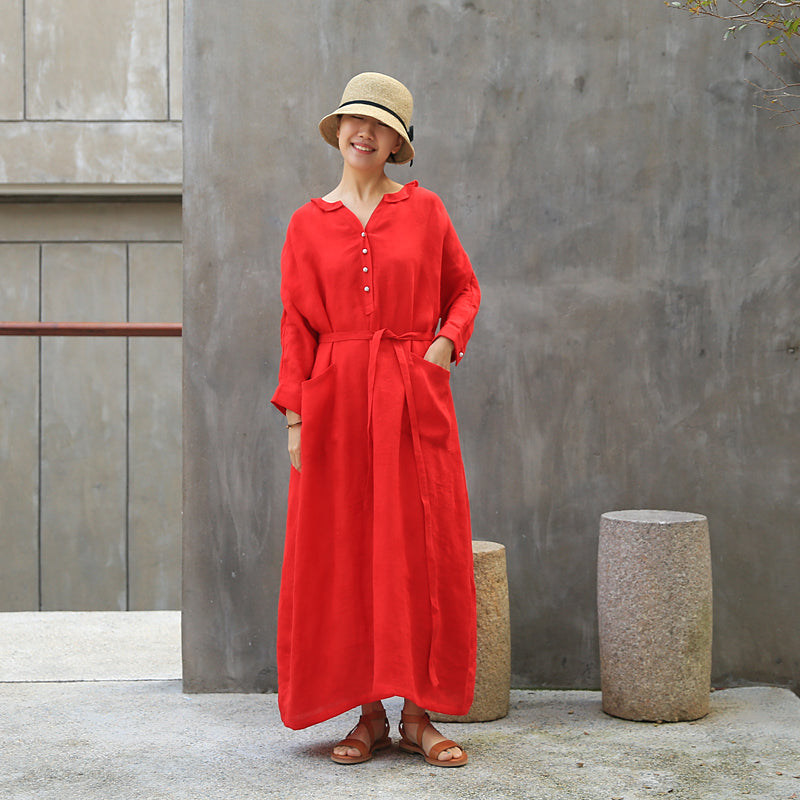 Label Collar Red Women Linen Summer Dresses Buttons Sleeve Long Women Dresses Z972912 VPPBUY shop