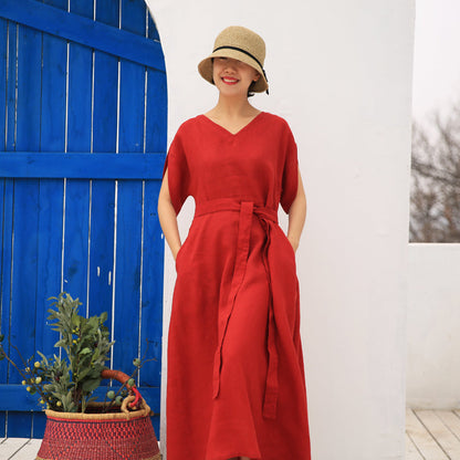 Red linen Women Dresses Casual Summer Maxi Wedding Dress Long Women Linen Dresses 21571 VPPBUY shop