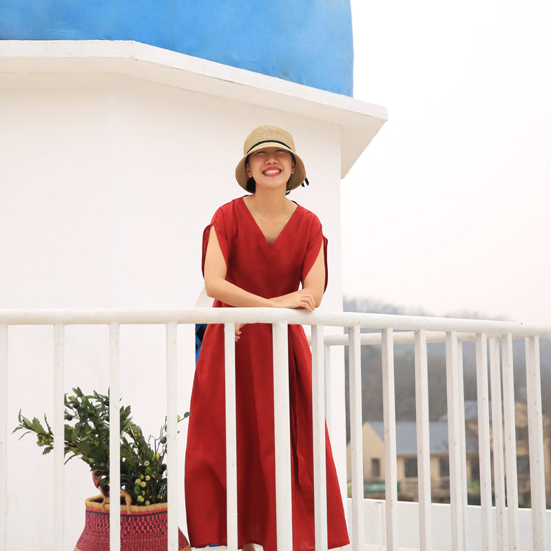 Red linen Women Dresses Casual Summer Maxi Wedding Dress Long Women Linen Dresses 21571 VPPBUY shop