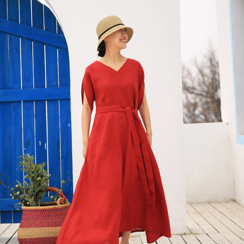 Red linen Women Dresses Casual Summer Maxi Wedding Dress Long Women Linen Dresses 21571 VPPBUY shop