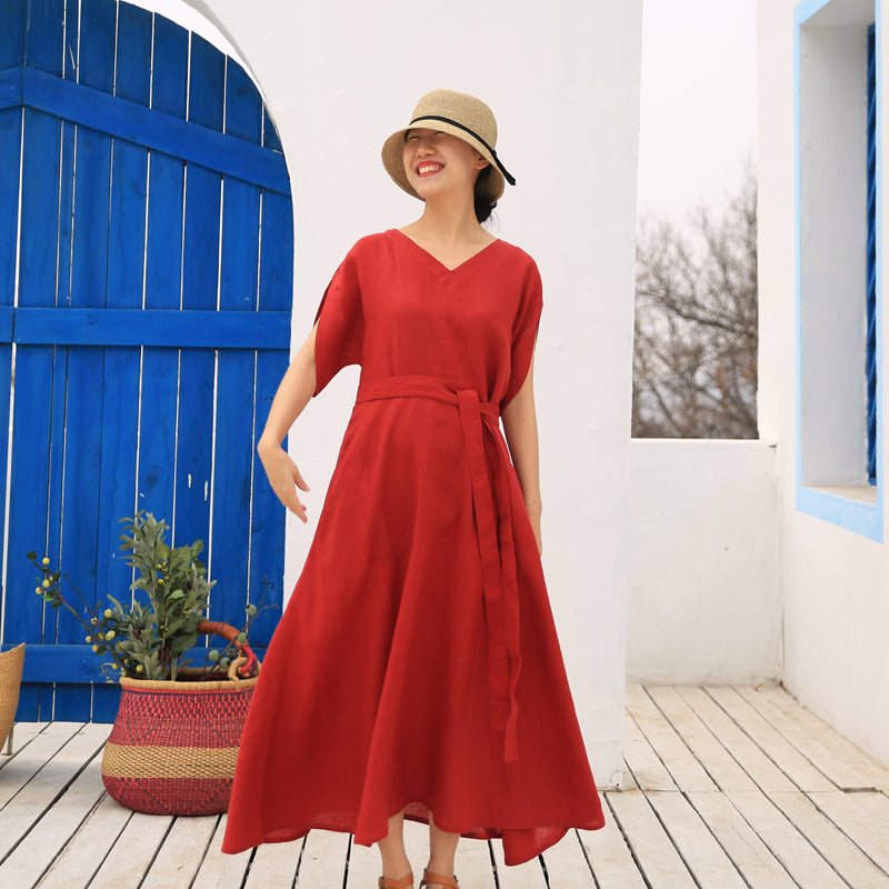 Red linen Women Dresses Casual Summer Maxi Wedding Dress Long Women Linen Dresses 21571 VPPBUY shop