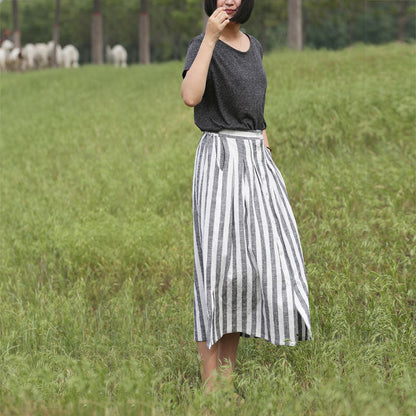 Stripe Women's Skirts Summer Linen Skirt Elastic Waist SSM09755 VPPBUY shop