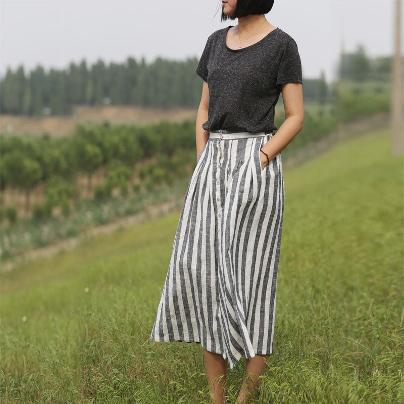 Stripe Women's Skirts Summer Linen Skirt Elastic Waist SSM09755 VPPBUY shop