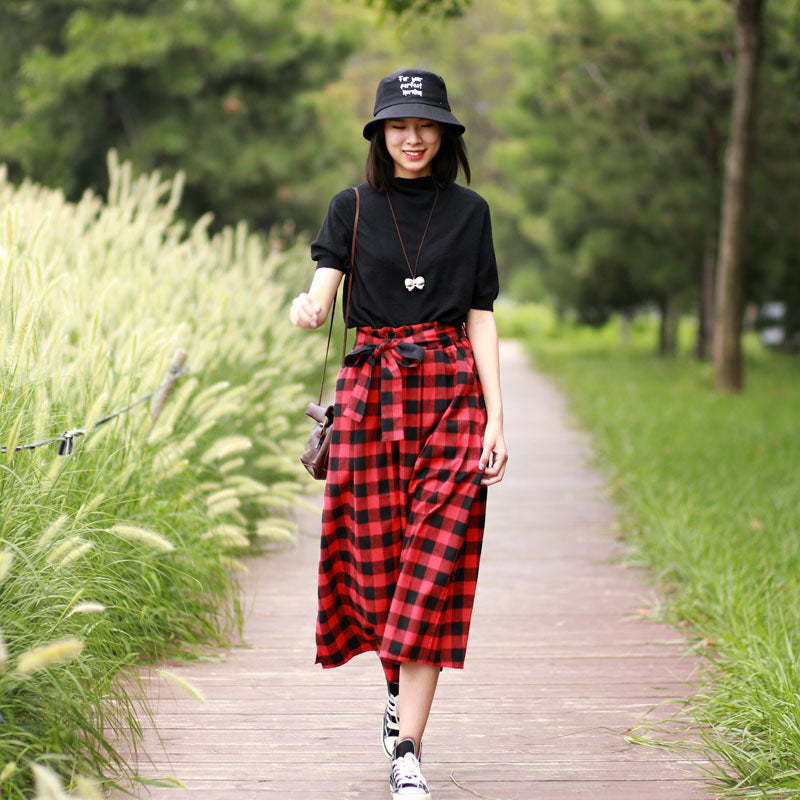 Plaid Women's Skirts Summer Linen Skirt Elastic Waist SSM09753 VPPBUY shop