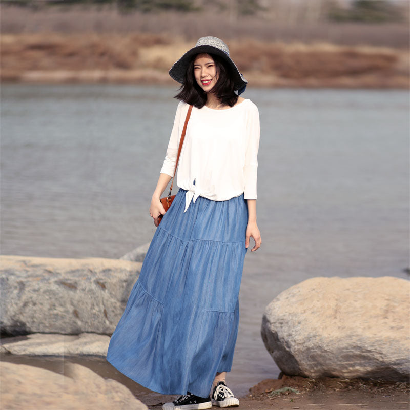 Denim Cotton Women's Skirts Summer Linen Skirt Elastic Waist SSM09754 VPPBUY shop