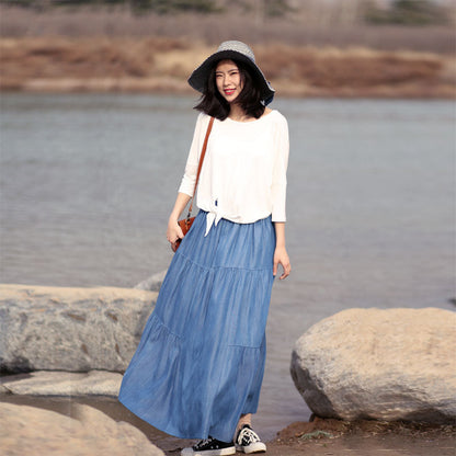 Denim Cotton Women's Skirts Summer Linen Skirt Elastic Waist SSM09754 VPPBUY shop