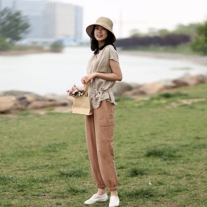 Khaki Women Casual Pants Side Pockets SXM97274 VPPBUY shop