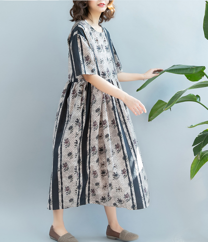 Loose Style Floral Summer Cotton Linen Spring Women Dresses QZ200521 VPPBUY shop