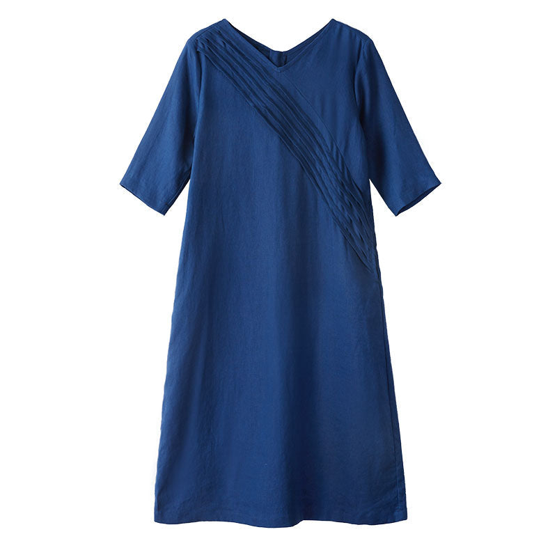 Navy Linen Summer Women Dresses Pleated V Neck Summer Women Shift Dresses 9623 VPPBUY shop