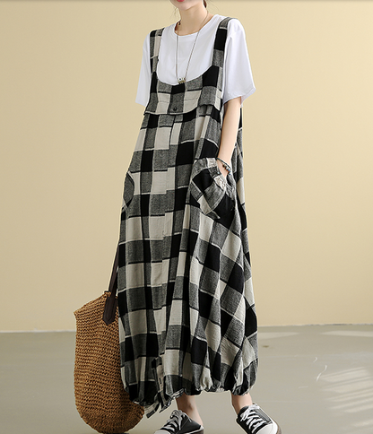 Sleeveless Strap Plaid Summer Linen Sprng Women Dresses QJ050878 VPPBUY shop