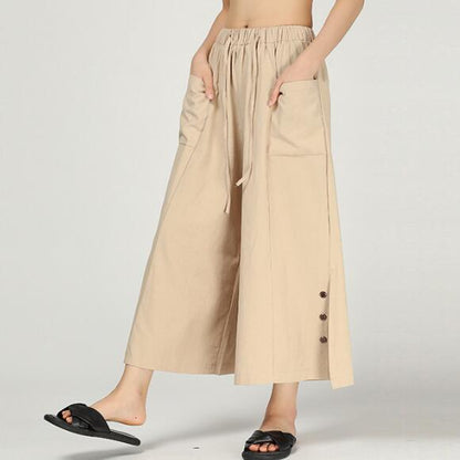 Buttons Wide Legs Pants Black Summer Women Casual Linen Harem Pants HD971310 VPPBUY shop