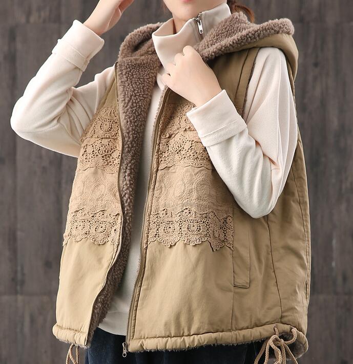 Fleece Vest Lace Trim Casual Coat Loose Hooded  Plus Size Coat Jacket VPPBUY shop