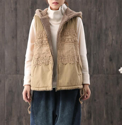 Fleece Vest Lace Trim Casual Coat Loose Hooded  Plus Size Coat Jacket VPPBUY shop