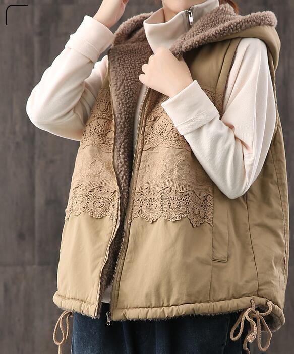 Fleece Vest Lace Trim Casual Coat Loose Hooded  Plus Size Coat Jacket VPPBUY shop